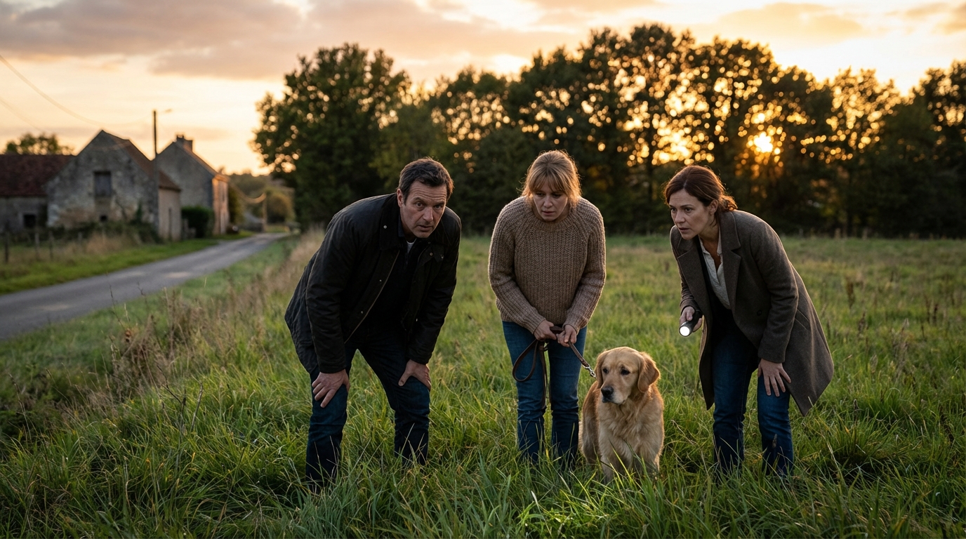 Un groupe de personnes bienveillantes avec des chiens en laisse cherchent un bouledogue français perdu près d'une route de campagne.