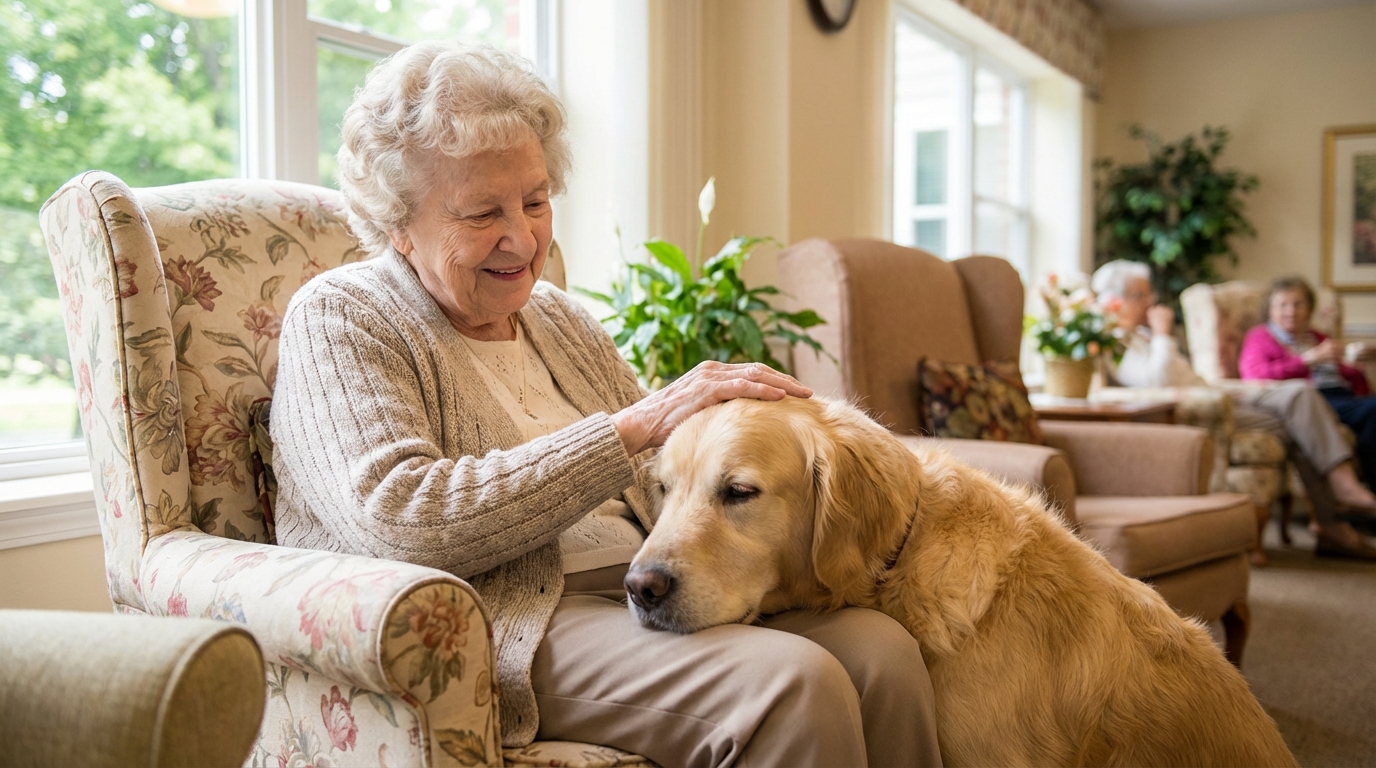 Un Golden Retriever d'assistance nommé Vox pose tendrement sa tête sur les genoux d'une résidente âgée assise dans un fauteuil en Ehpad.