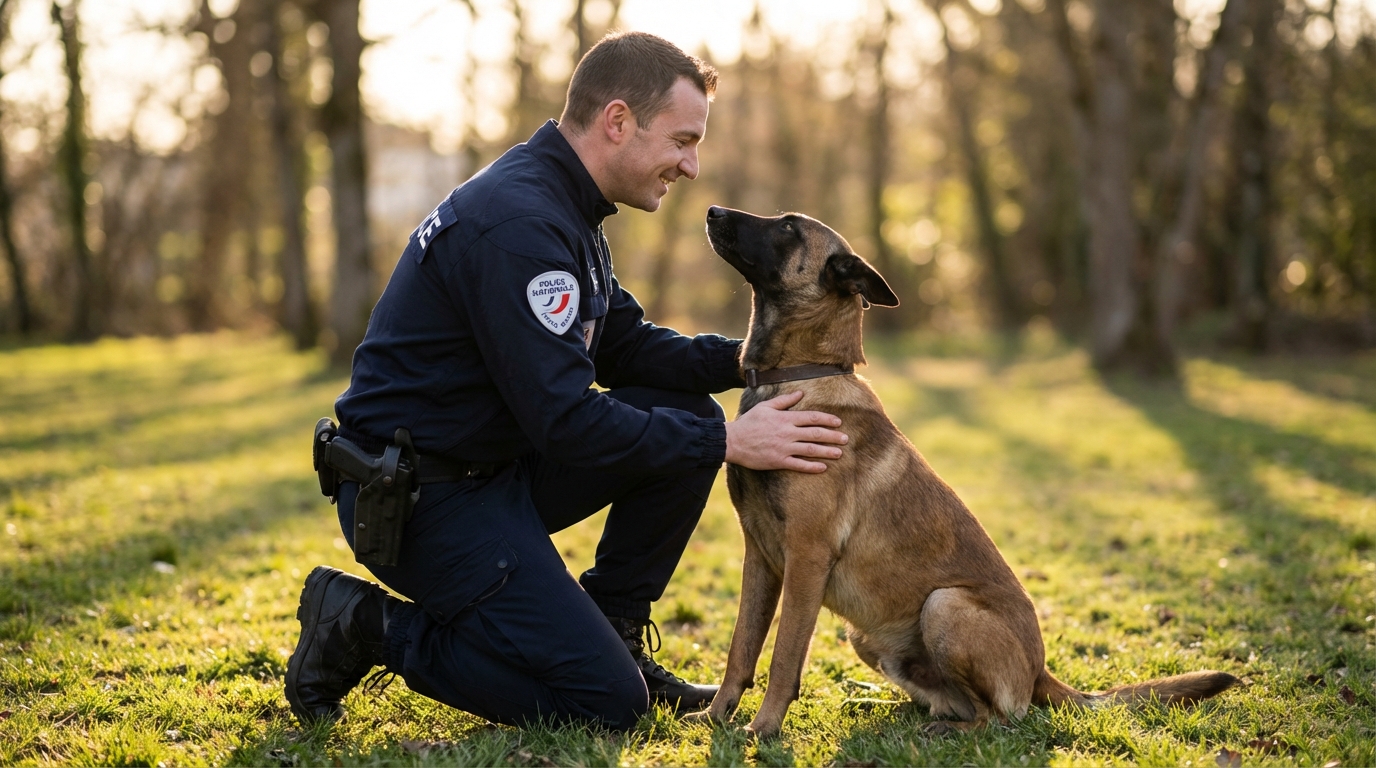 Un magnifique chien de race malinois, V'Stark, assis fièrement à côté d'un policier en uniforme, symbolisant son incroyable sauvetage.