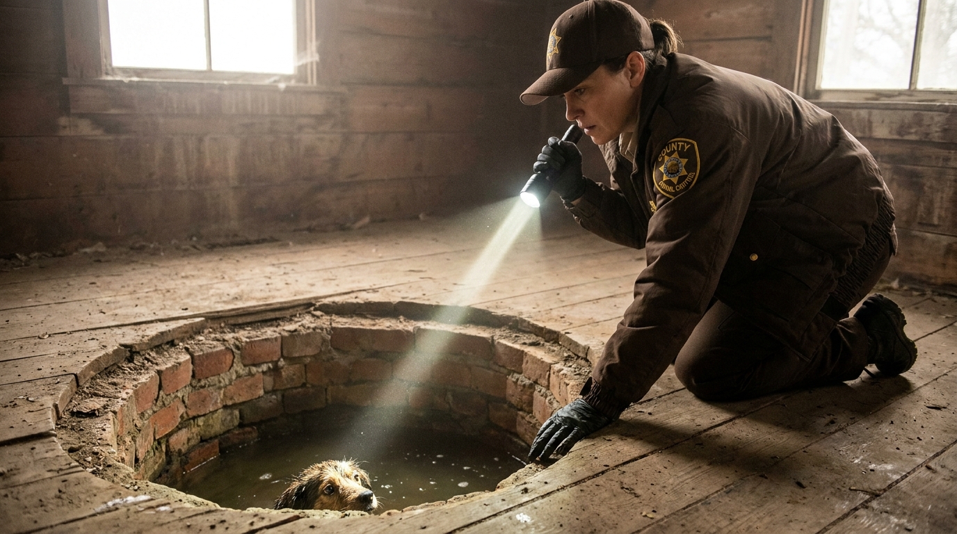 Une agente du contrôle animalier se penche avec une lampe torche sur l'ouverture d'un vieux puits en pierre à l'intérieur d'une maison.