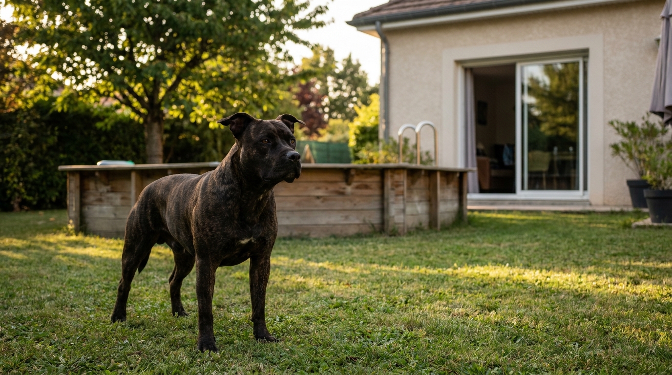 Un American Staffordshire Terrier au regard intense, vu à travers la baie vitrée d'une maison avec un jardin en arrière-plan.