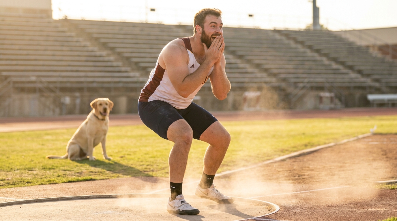 Un athlète sur une piste d'athlétisme, l'air surpris et heureux après une performance, avec un chien qui le regarde au loin.
