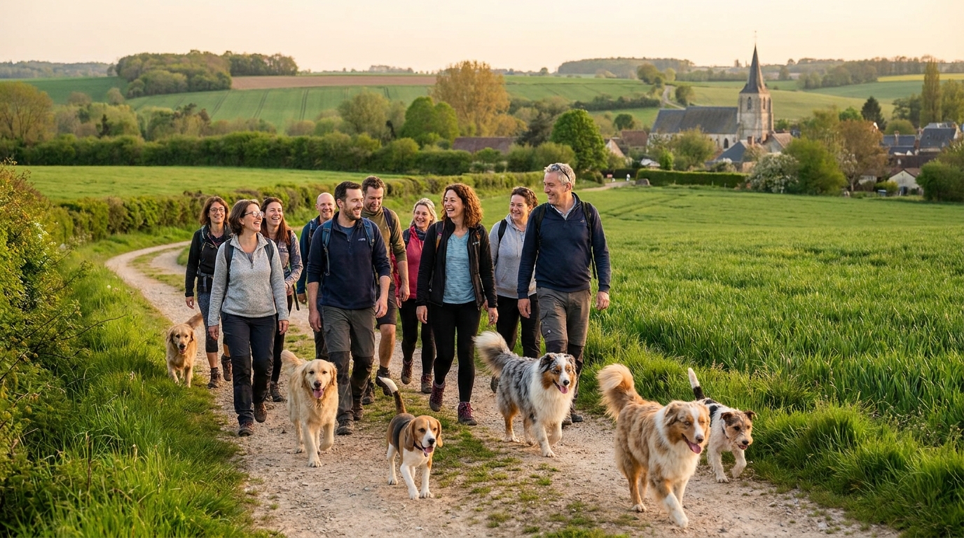 Un groupe de propriétaires et leurs chiens de races diverses marchent joyeusement sur un chemin de campagne en Normandie.