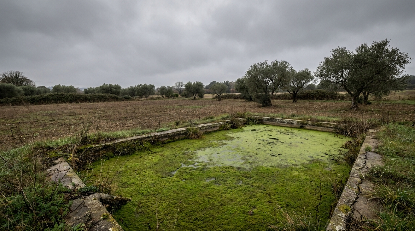 Un bassin d'eau stagnante recouvert de mousse verte dans une zone agricole du Vaucluse où plusieurs animaux morts ont été découverts.