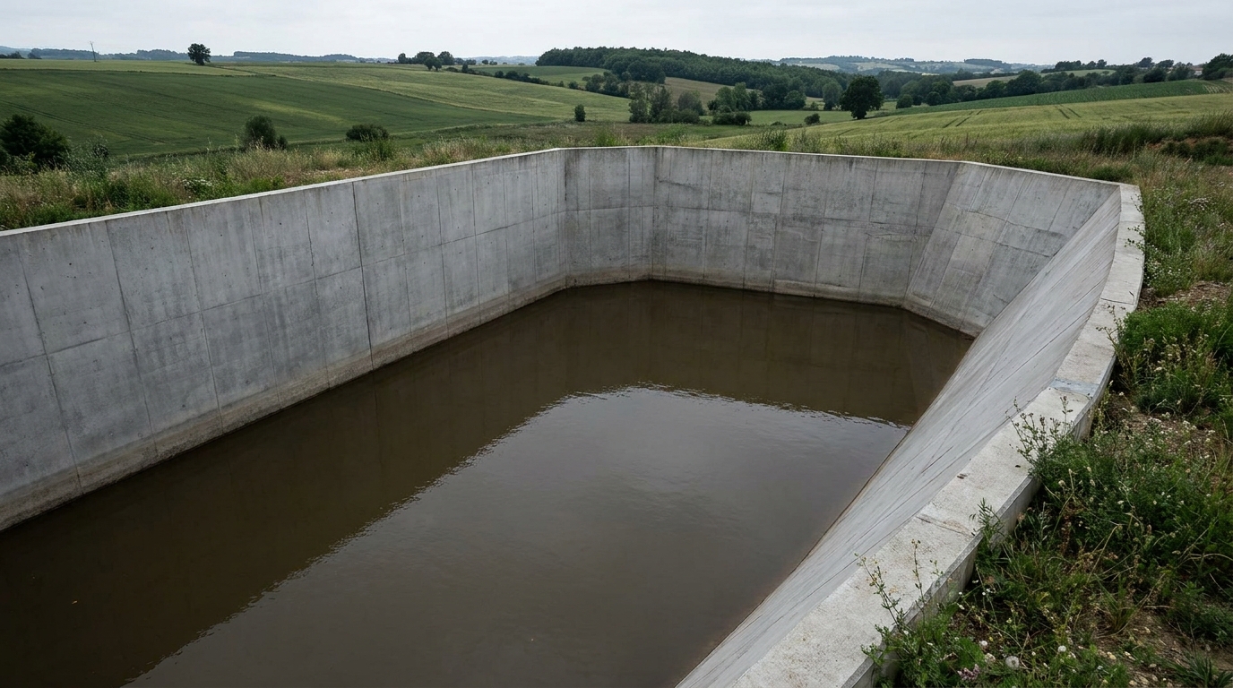 Un bassin de rétention d'eau avec des parois en béton abruptes, un danger pour les animaux errants dans la campagne près de Toulouse.