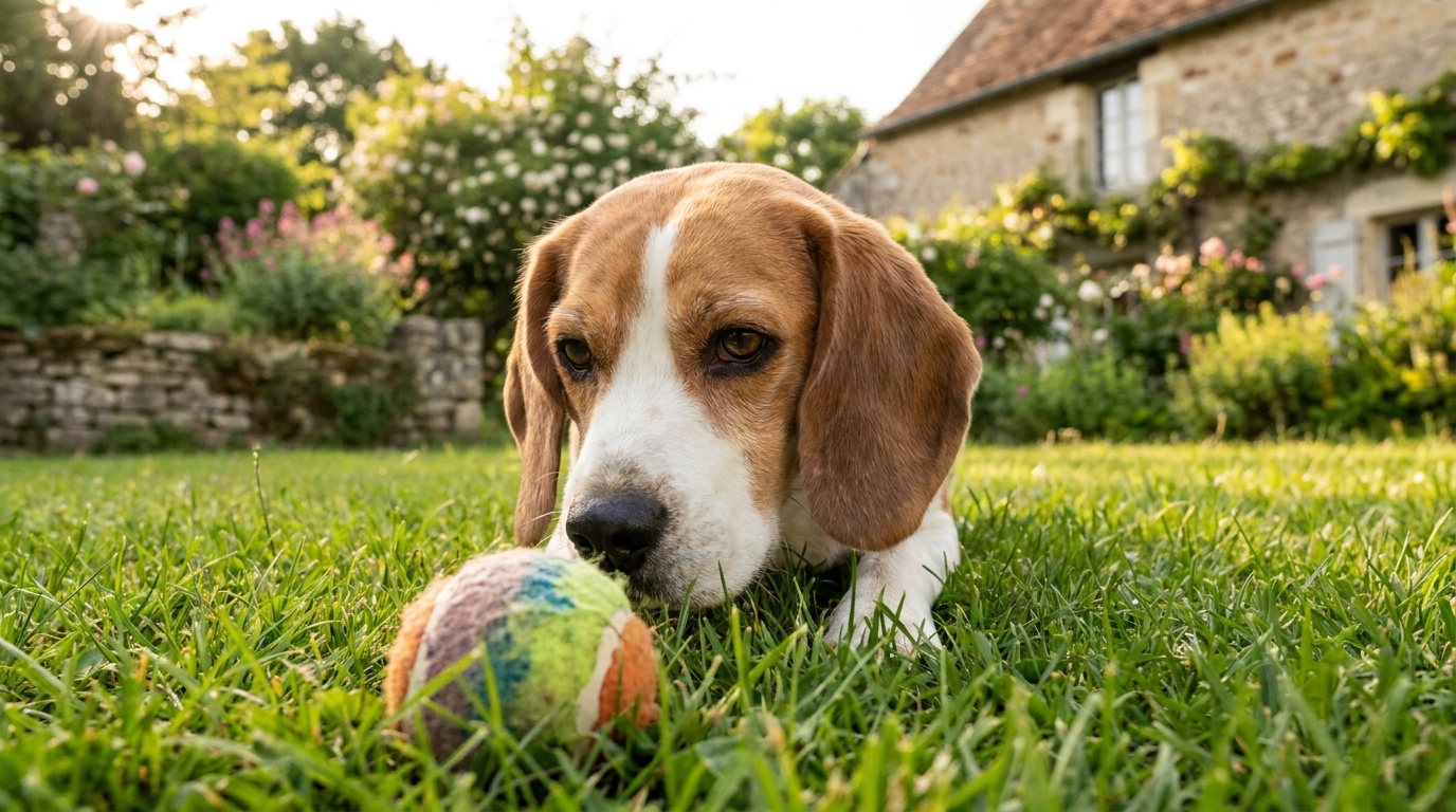 Un chien de race Beagle, ancien chien de laboratoire, observe avec hésitation une balle colorée dans l'herbe d'un jardin.