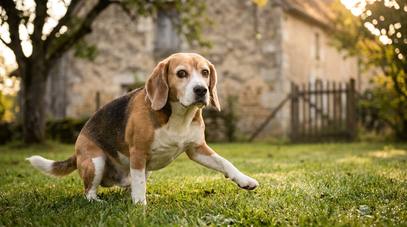 Un beagle au regard doux et un peu craintif, assis dans un champ d'herbe verte en Bourgogne, France, découvrant le monde extérieur.