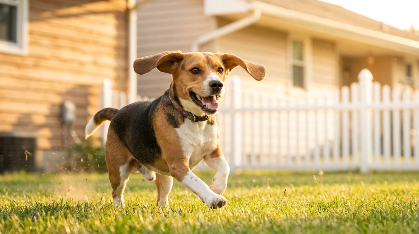 Un Beagle heureux et en bonne santé court dans un jardin après avoir perdu du poids, symbolisant sa transformation.