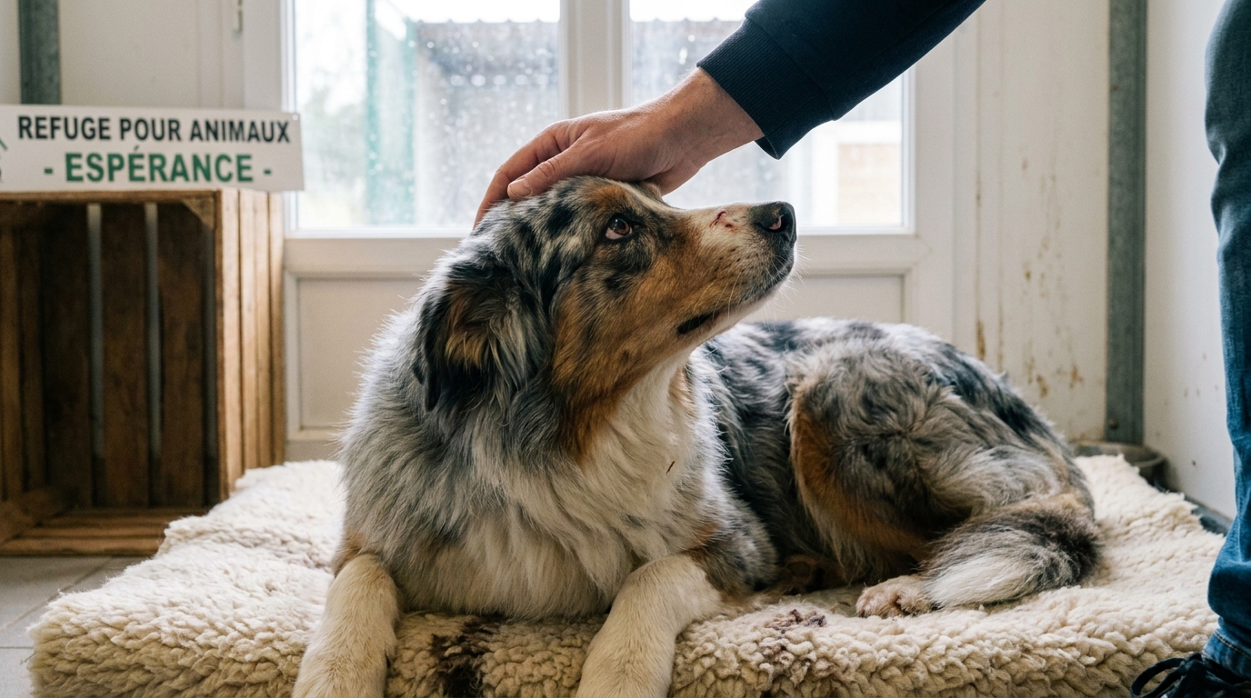 Un Berger Australien au pelage merle, couché sur une couverture dans un refuge, reçoit des caresses d'un soignant. Son regard est doux et confiant.