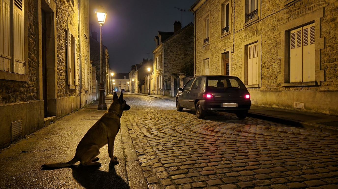 Un jeune chien de type berger malinois assis sur un trottoir la nuit dans une rue française, l'air inquiet, après un incident choquant.