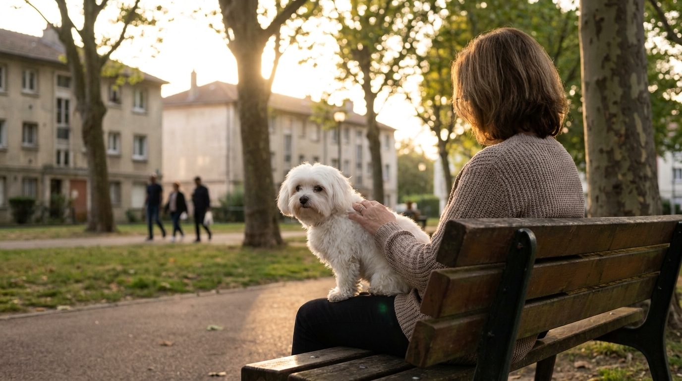 Un adorable petit bichon maltais blanc regarde la caméra, symbolisant la perte tragique de Pamela, abattue à Stains.