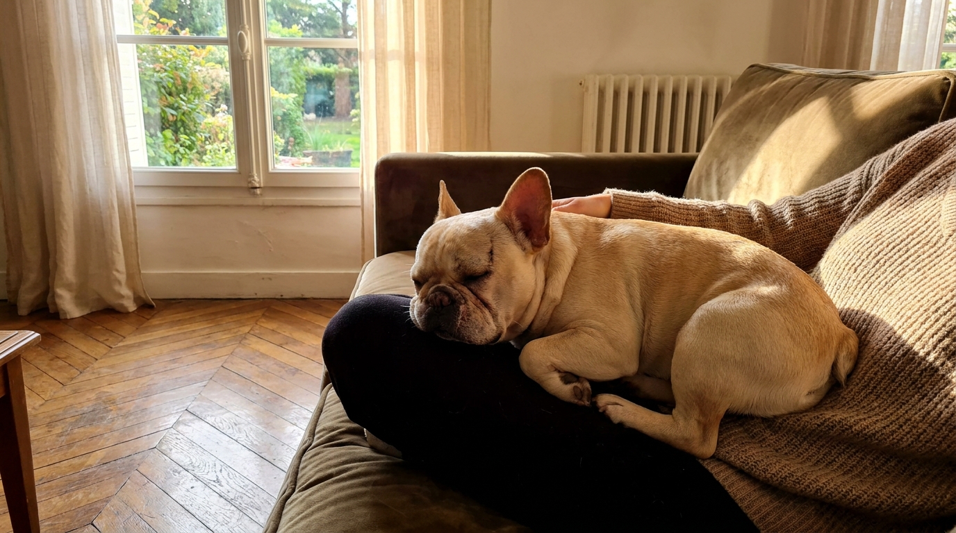 Un bouledogue français de couleur claire dort paisiblement sur les genoux de son propriétaire, blotti dans un plaid douillet sur un canapé.