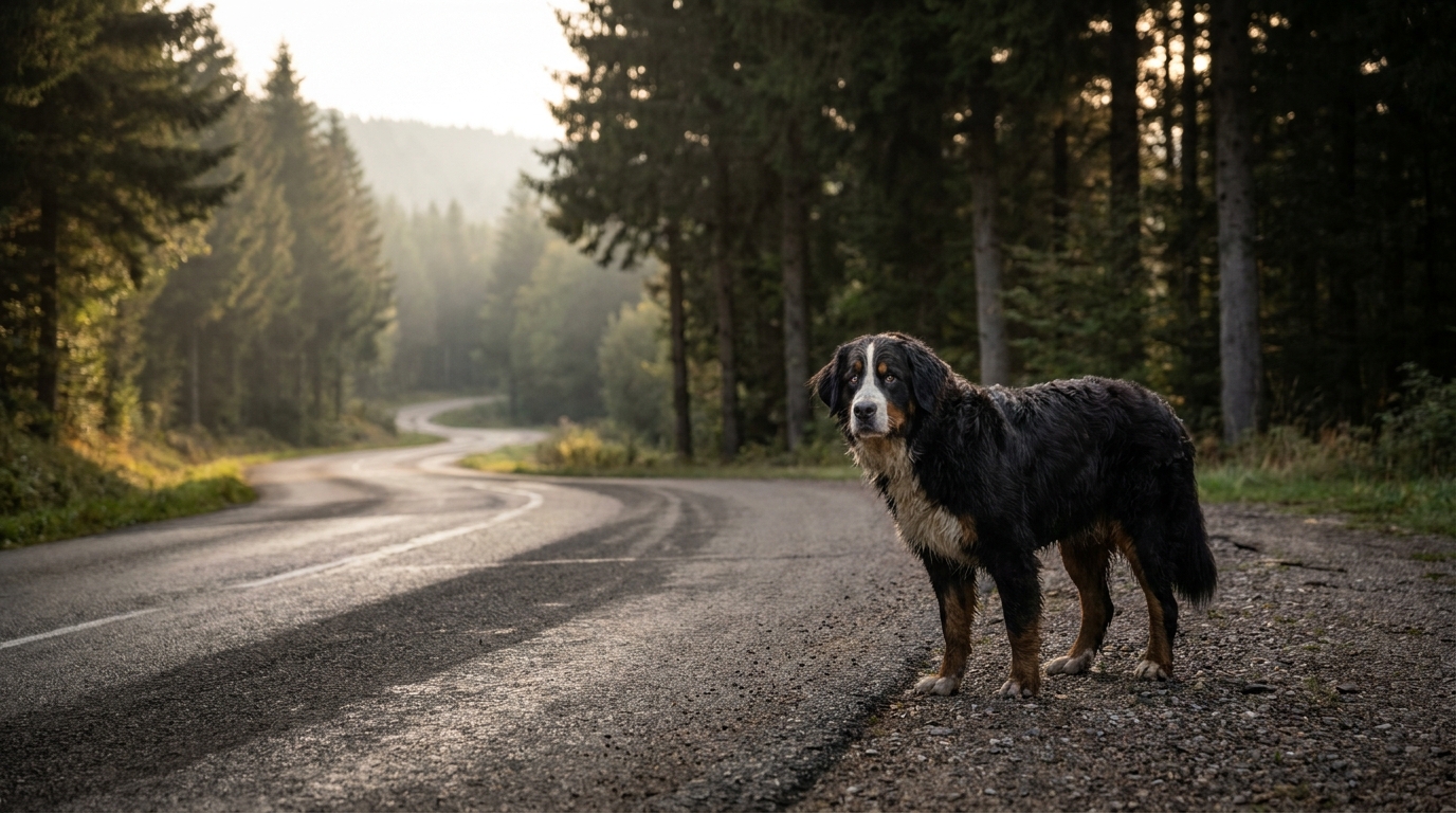 Un chien de race bouvier bernois assis dans un paysage montagneux des Vosges, regardant l'horizon avec un air d'espoir.