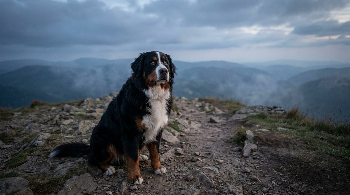 Un Bouvier Bernois nommé Roque, l'air inquiet, seul au sommet du Hohneck dans les Vosges, en attente de secours.