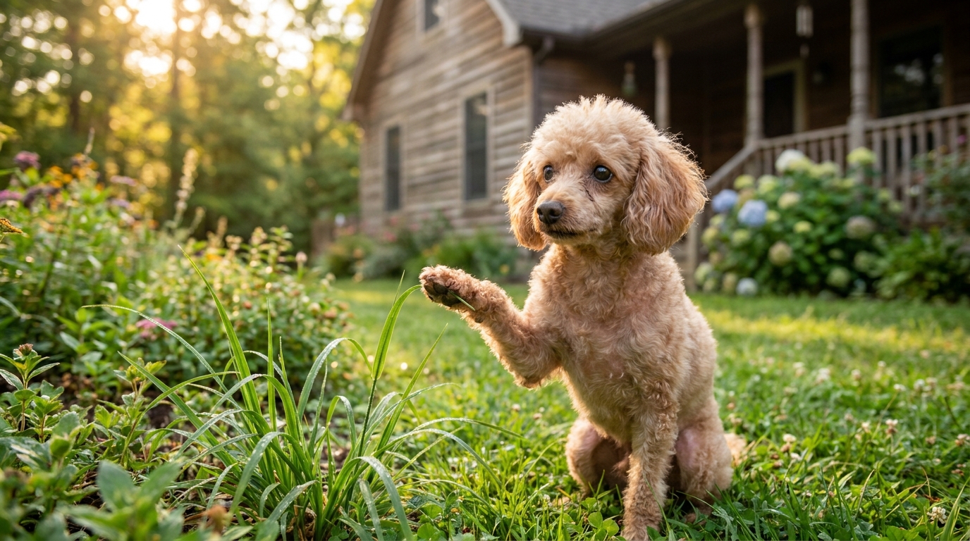 Un petit Caniche abricot, l'air timide mais curieux, assis dans l'herbe verte d'un jardin, la lumière du soleil illuminant sa fourrure.