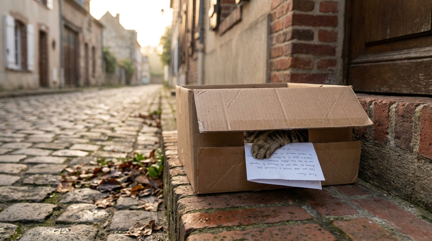 Un chat tigré regarde hors d'une boîte en carton laissée devant la porte d'un refuge pour animaux, avec un mot à côté.