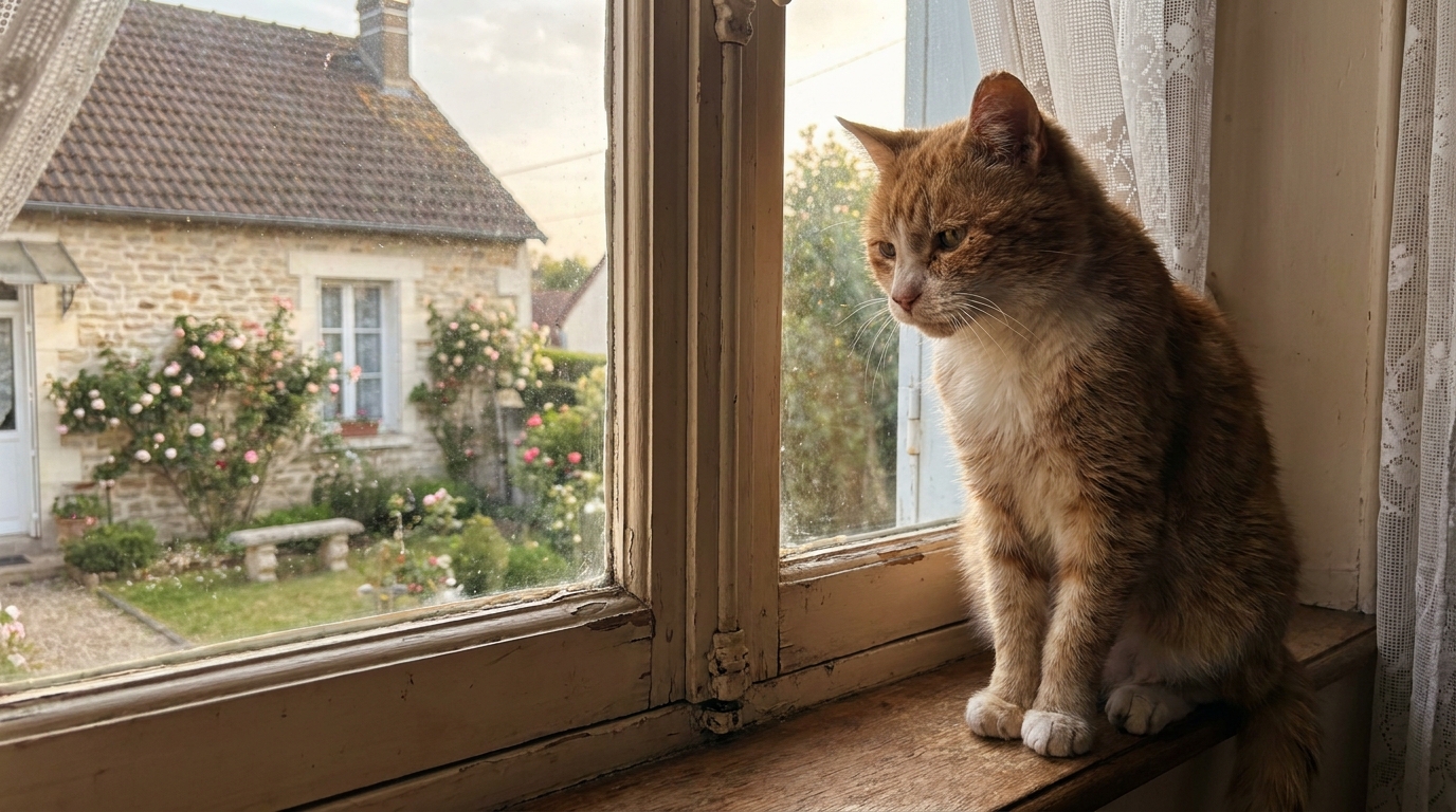 Un chat de gouttière âgé, roux et blanc, est assis sur un rebord de fenêtre et regarde avec mélancolie le jardin d'une maison voisine en France.