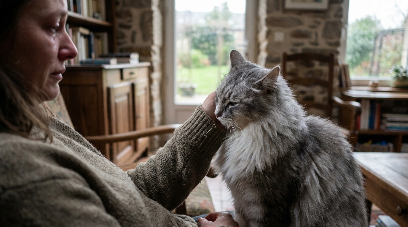 Un magnifique chat angora gris et blanc, aux yeux verts, se blottit avec confiance contre sa propriétaire dans un salon chaleureux.