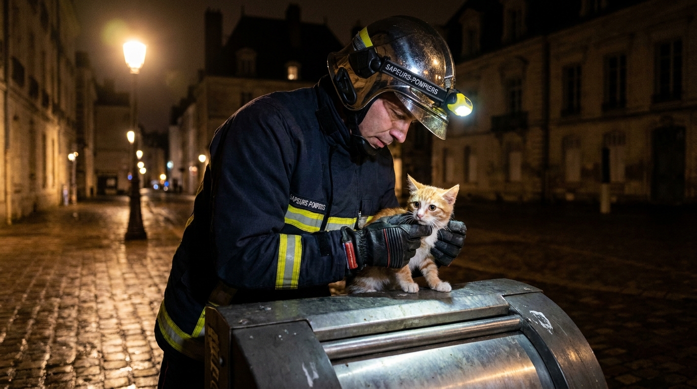 Un chat roux et blanc au regard craintif, enveloppé dans une couverture, tenu par un pompier après son sauvetage d'une poubelle à Tours.