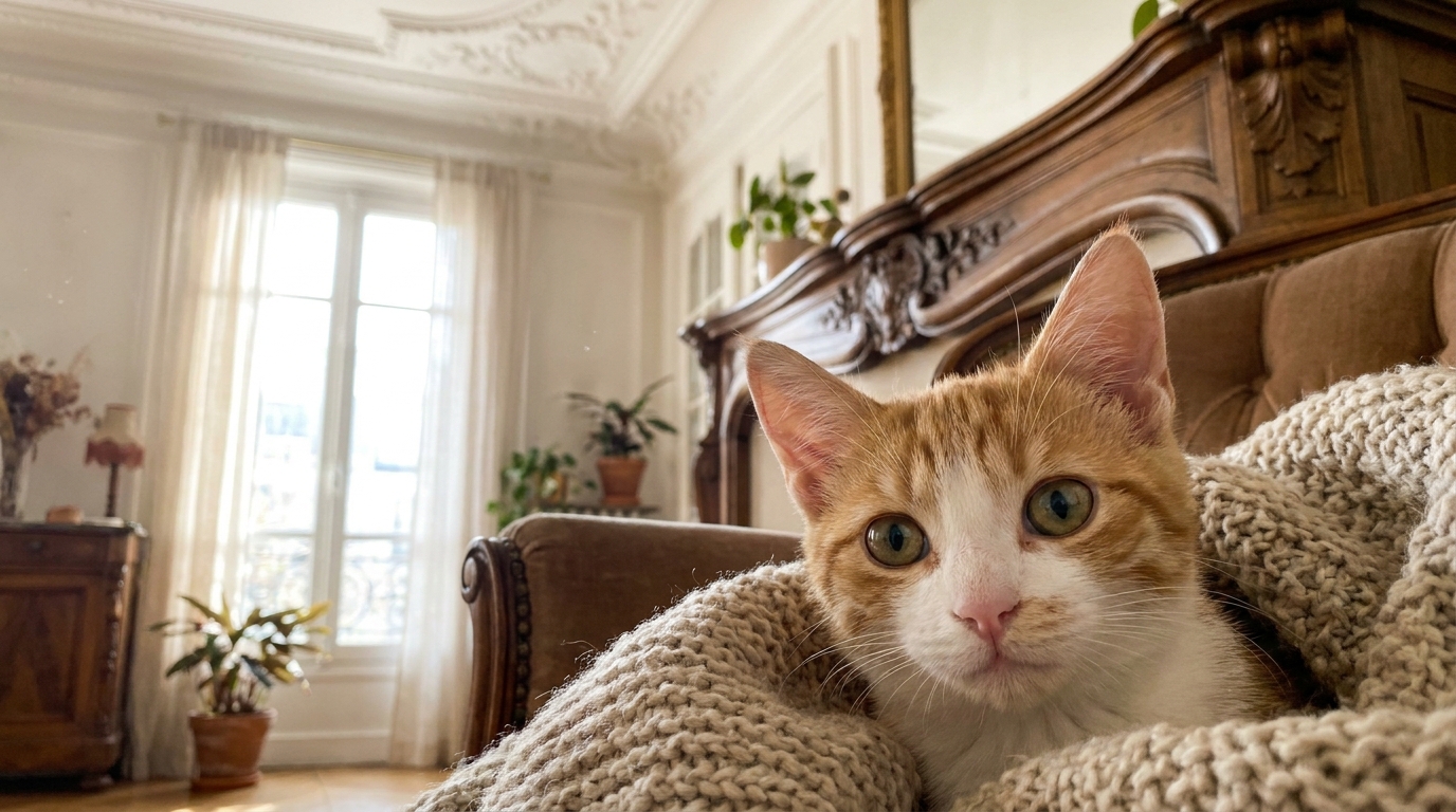 Argo, un jeune chat roux et blanc au regard doux, se repose dans un panier douillet après avoir été sauvé d'une poubelle à Tours.