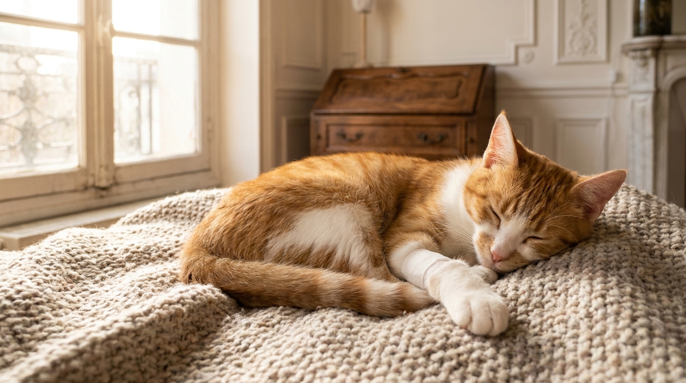 Argo, un jeune chat roux et blanc, se repose calmement, une de ses pattes avant est bandée suite à son opération à Tours.