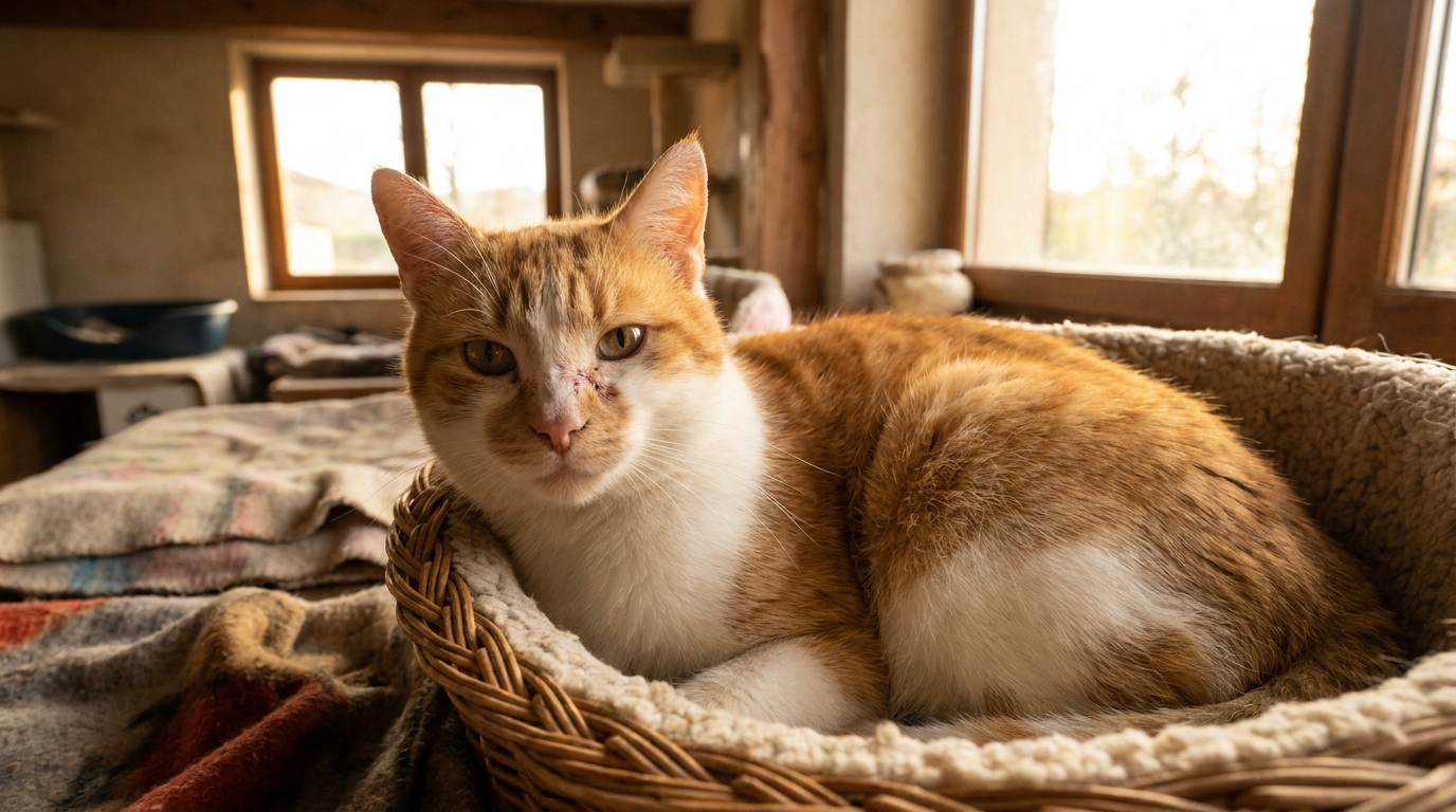 Un chat au pelage blanc et roux, l'air résilient, se repose dans un panier douillet dans un refuge, une cicatrice visible près de son nez.
