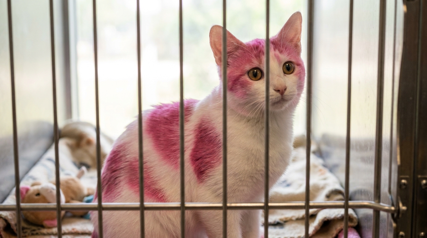 Un jeune chat au pelage blanc et rose est assis dans un enclos de refuge, regardant la caméra avec curiosité et espoir.