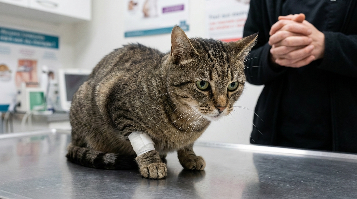 Un chat tigré avec une patte blessée regarde l'objectif avec inquiétude, symbolisant la cruauté envers les animaux.