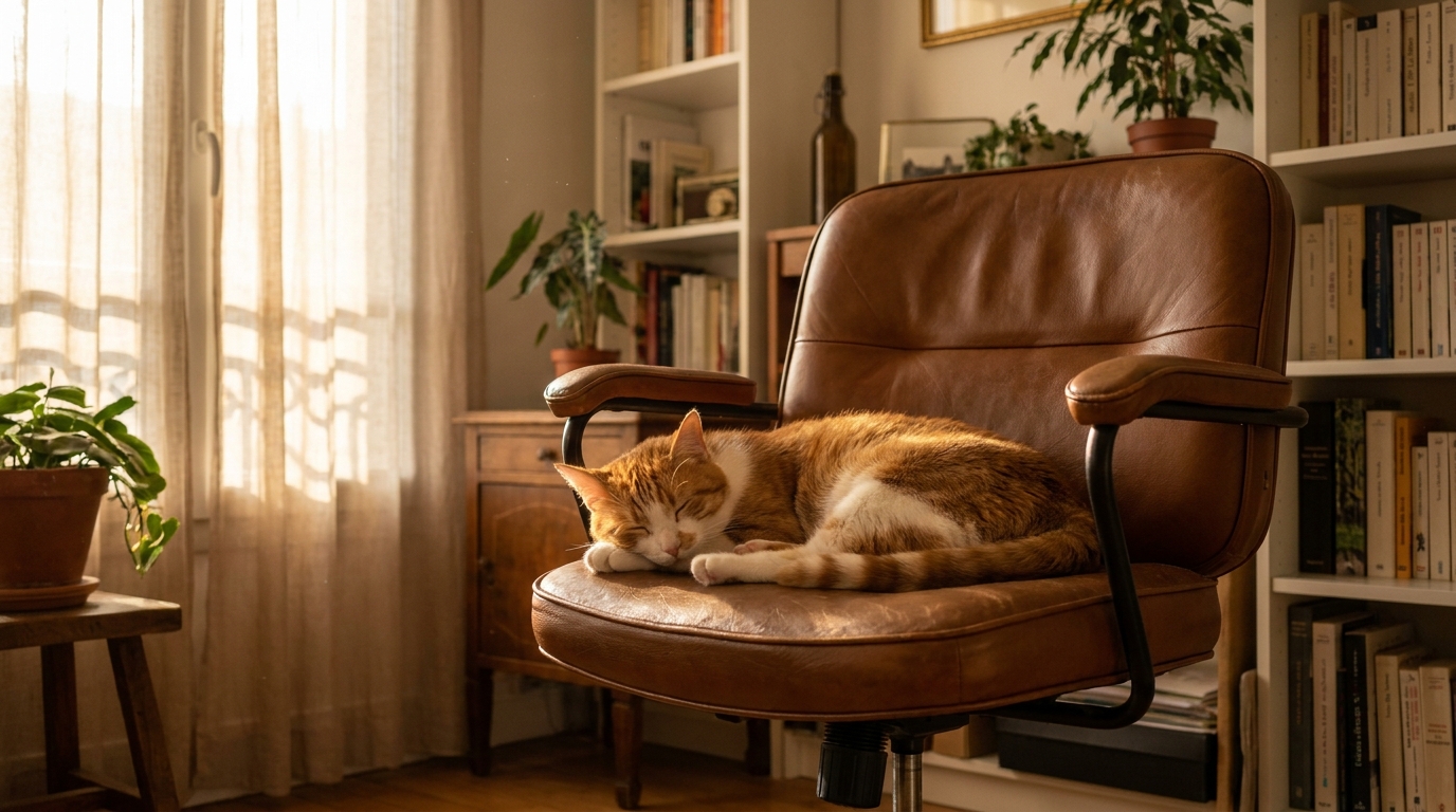 Un chat au pelage roux et blanc est endormi paisiblement dans un vieux fauteuil de bureau, baigné par la lumière du soleil.