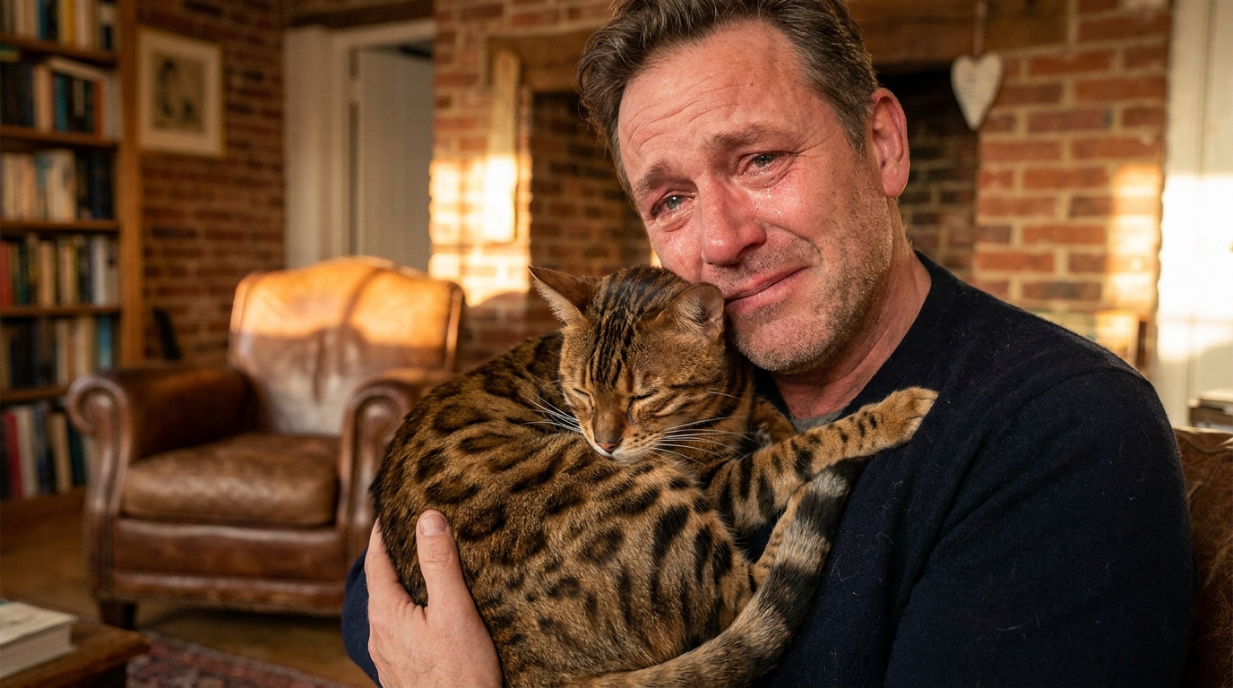 Un chat croisé Bengal est tendrement câliné par son propriétaire après avoir été retrouvé deux ans après sa disparition.