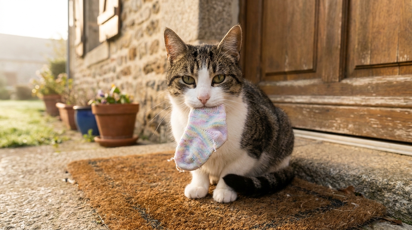 Un chat tigré au regard doux est assis sur un paillasson, tenant délicatement une minuscule chaussette de bébé colorée dans sa gueule.
