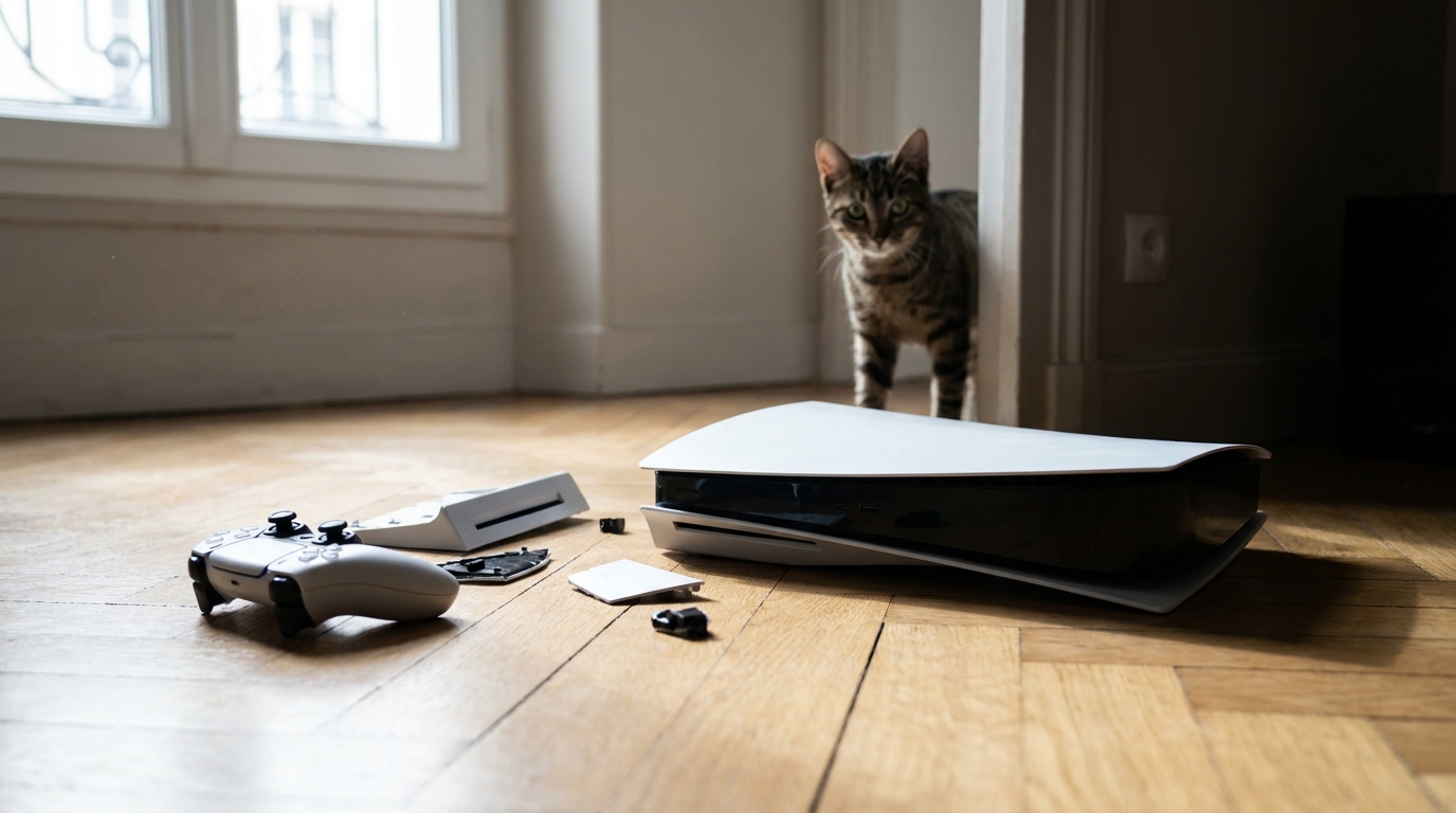 Un chat tigré regarde avec méfiance une console de jeu vidéo brisée au sol, symbole d'une punition pour maltraitance animale.
