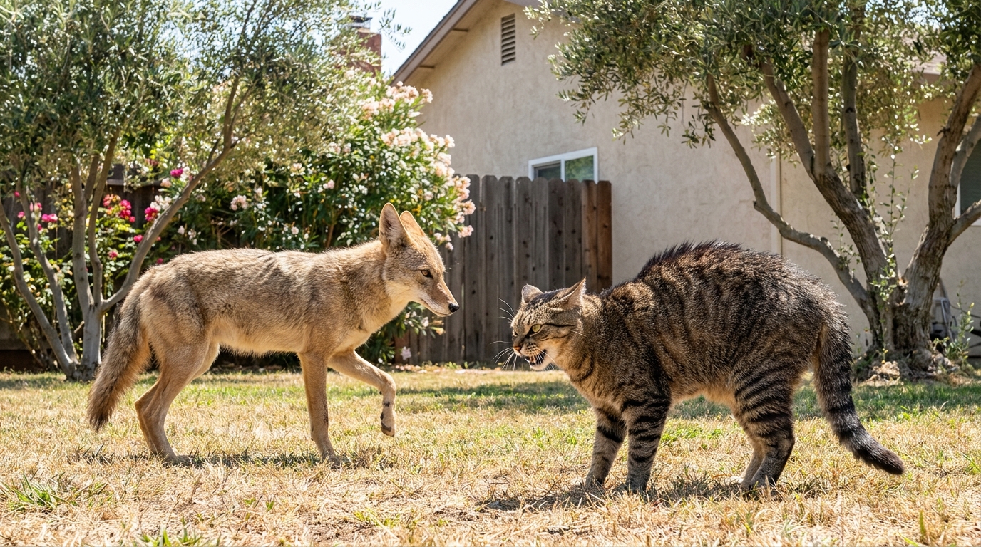 Un chat domestique de 10 ans se tient courageusement face à un coyote menaçant dans le jardin d'une maison en Californie.