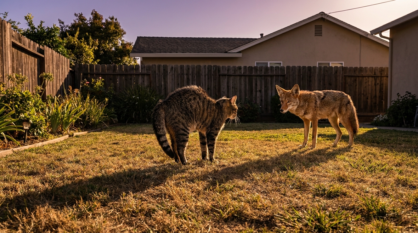 Une chatte domestique au poil hérissé fait face à un coyote dans un jardin résidentiel, montrant un courage inattendu.