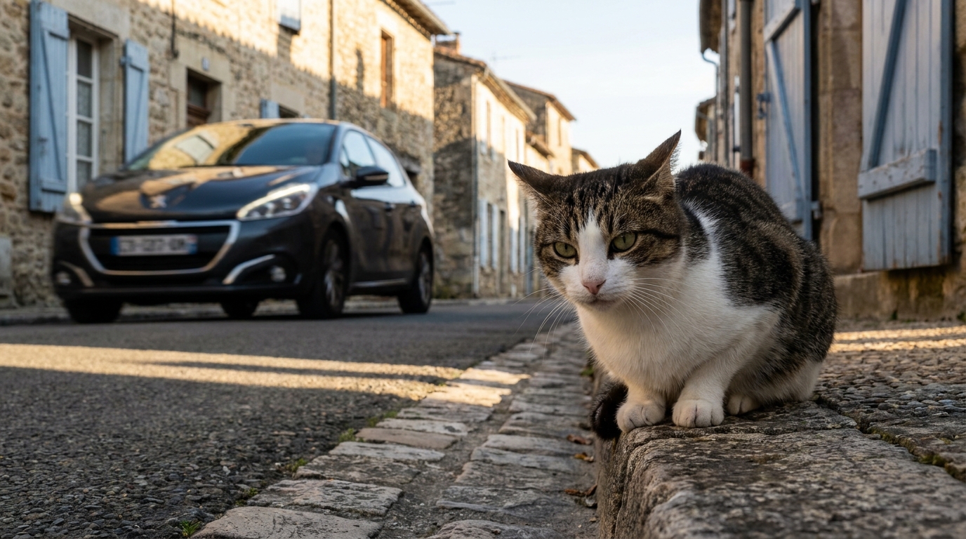 Un chat tigré assis prudemment sur le bord d'un trottoir dans une rue de village en France, regardant une voiture passer au loin.