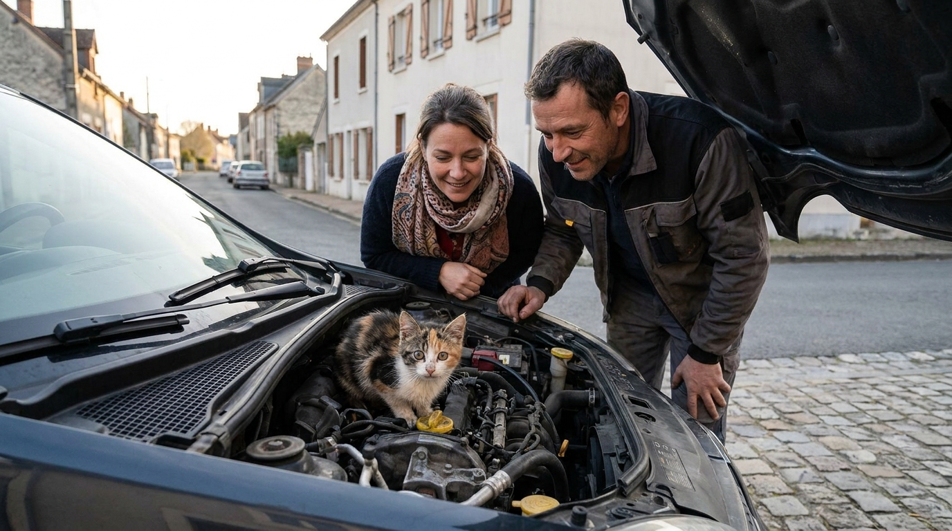 Une petite chatte tricolore, l'air un peu ébouriffé mais saine et sauve, regarde depuis le moteur d'une voiture dont le capot est ouvert.