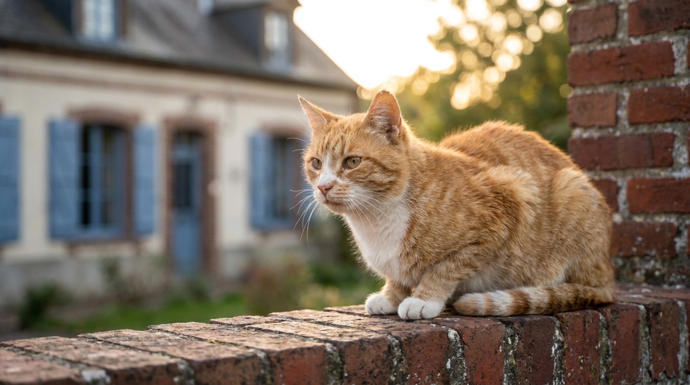 Un chat roux et blanc au regard sage, assis sur un muret de jardin en briques, semblant attendre le retour de ses maîtres après une longue absence.