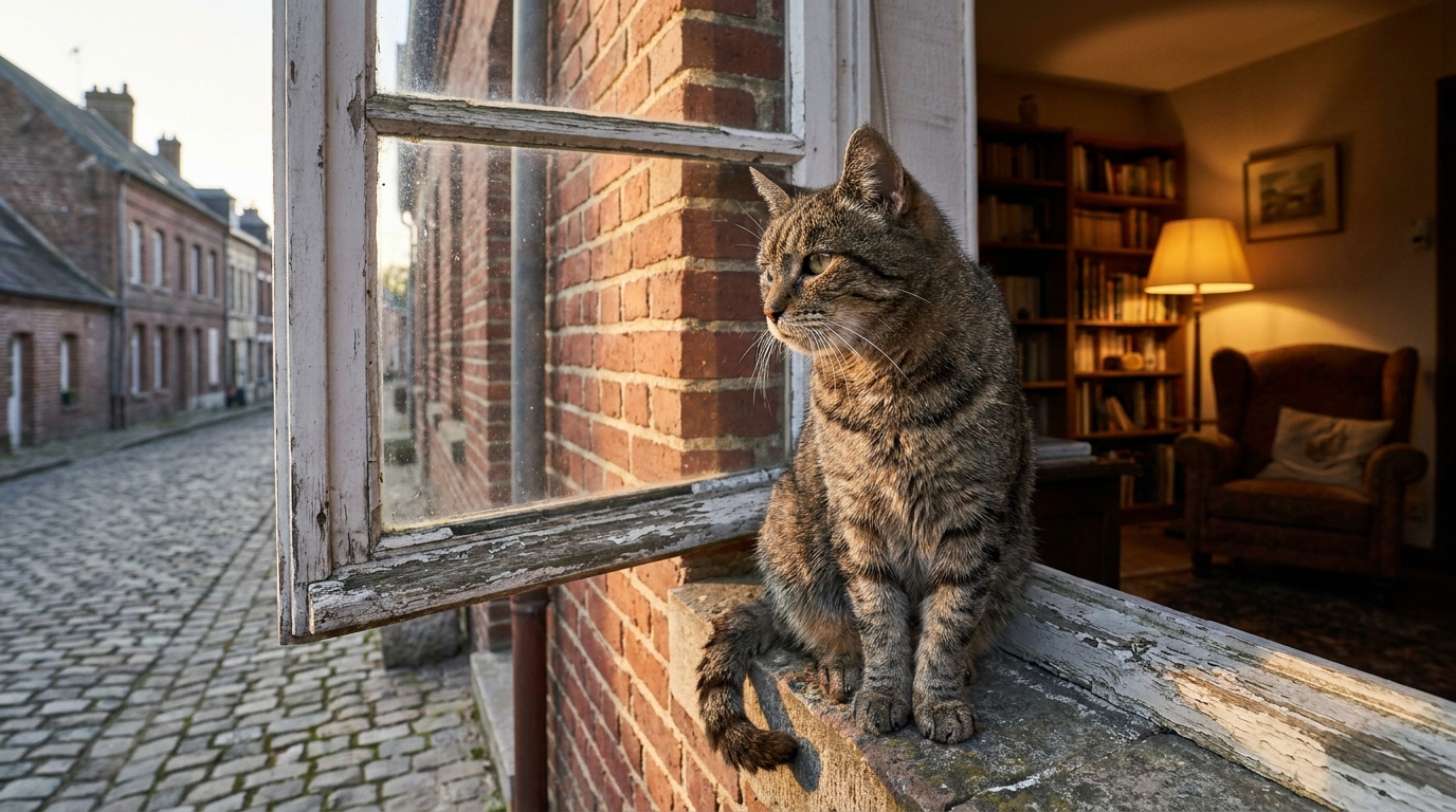 Un chat tigré au regard curieux, symbole d'une longue attente, regarde à l'extérieur depuis une maison de quartier en France.