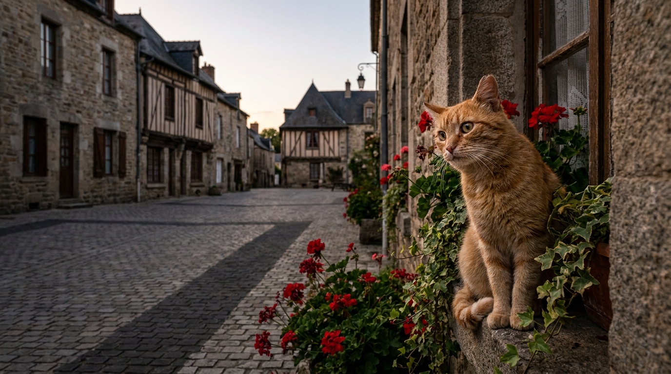 Un chat roux assis sur un muret en pierre dans une rue d'un village du Loiret, l'air anxieux, symbolisant les mystérieuses disparitions de chats.