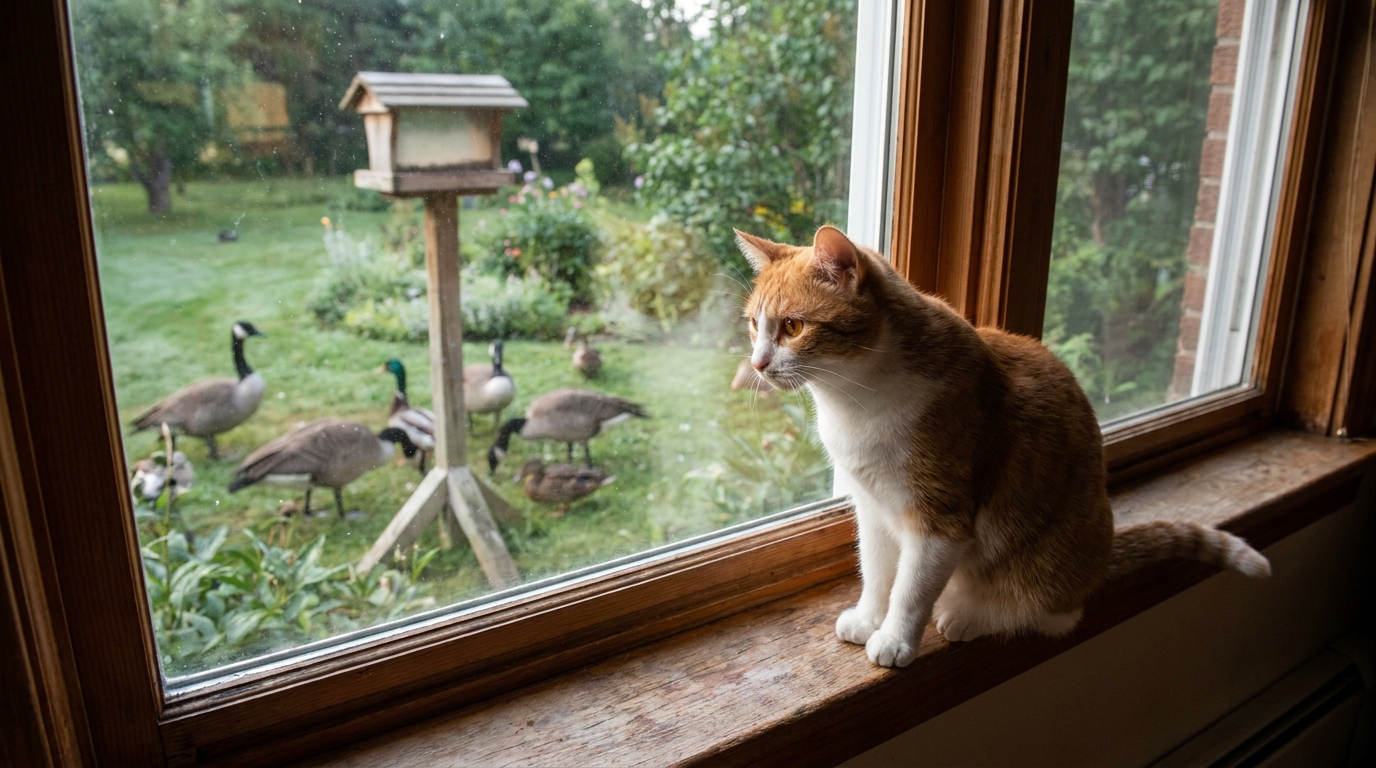 Un chat roux et blanc assis sur un rebord de fenêtre regarde attentivement des oiseaux, symbolisant le risque de la grippe aviaire.