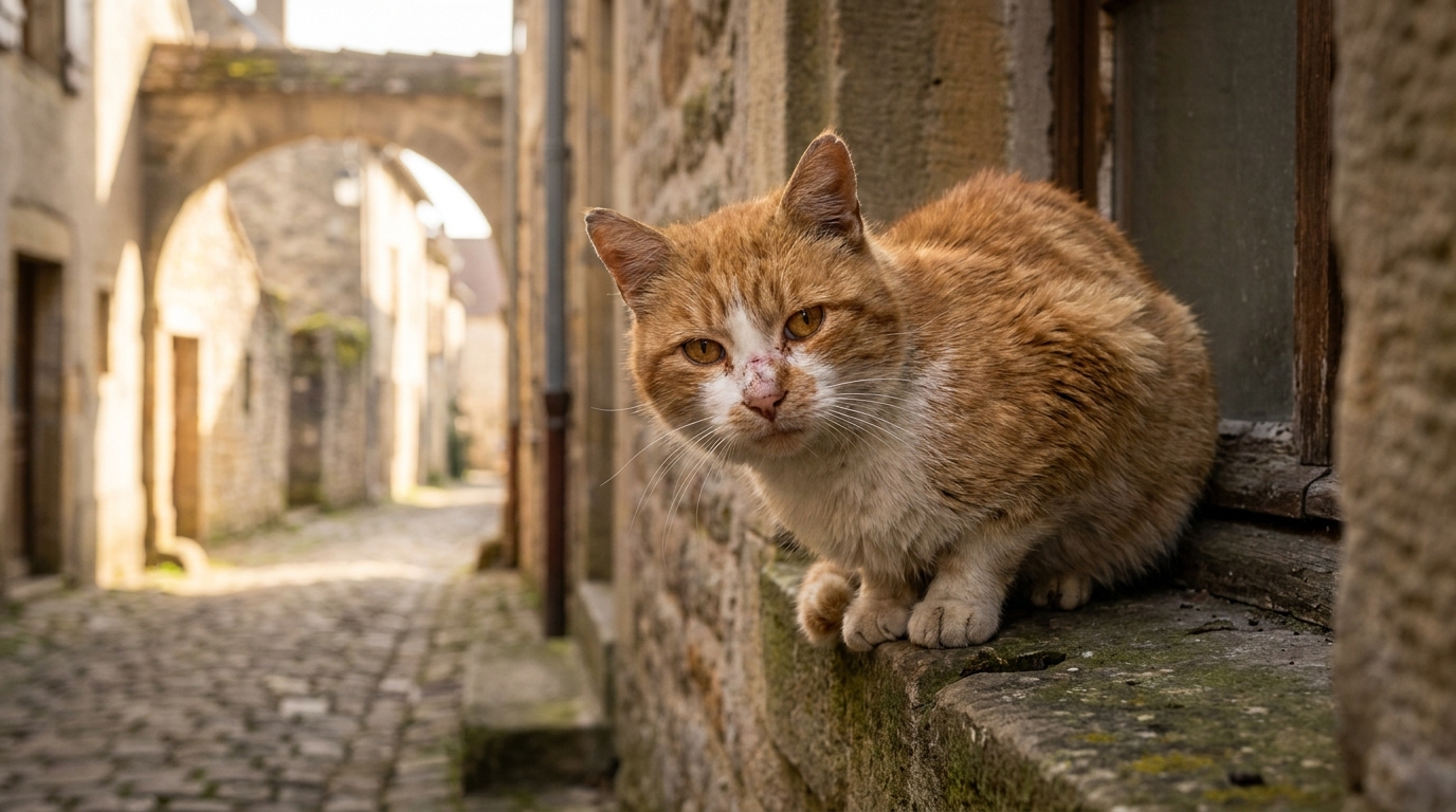 Un chat roux et blanc au regard intense, assis dans une ruelle d'un village français, semblant observer son environnement avec méfiance.