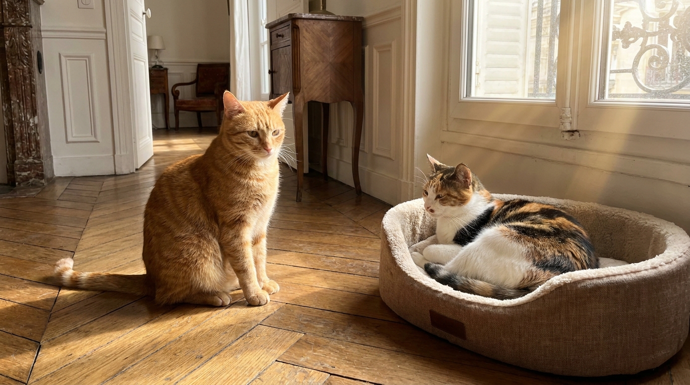 Un chat tigré roux observe avec tendresse une chatte tricolore enceinte couchée dans son panier dans un salon.