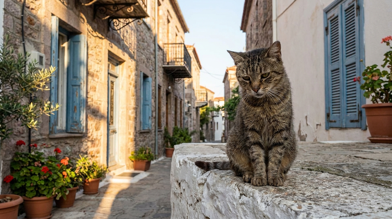 Un chat errant au pelage tigré se repose sur un muret en pierre dans une ruelle ensoleillée d'un village typique de l'île de Lesbos en Grèce.