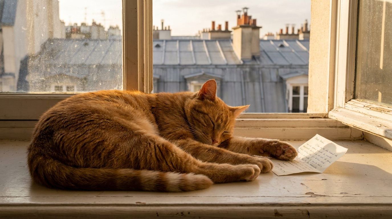 Un chat tigré profite du soleil sur un rebord de fenêtre, une note manuscrite posée à côté de lui, évoquant une plainte du voisinage.