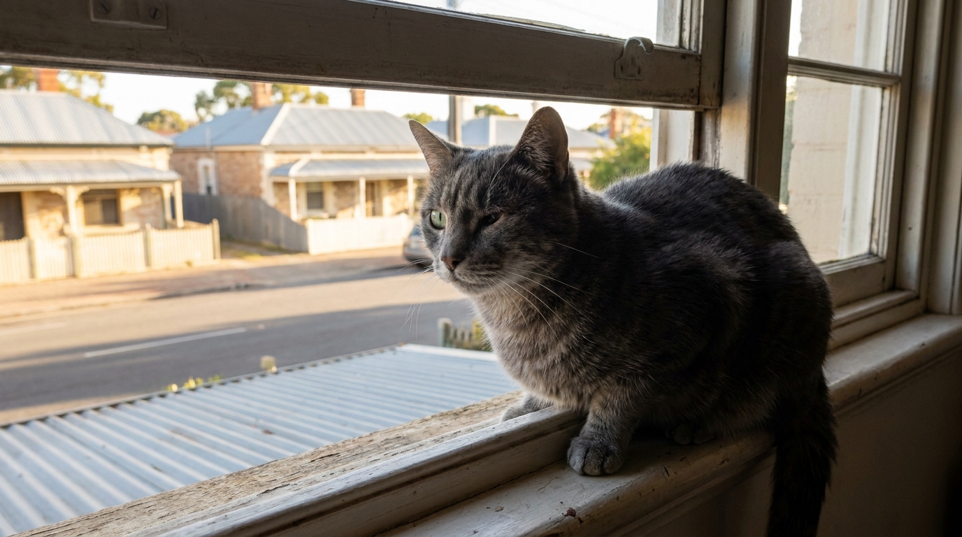 Un chat gris borgne, ancien errant, est assis sur un rebord de fenêtre et semble alerter d'un danger imminent dans sa maison.