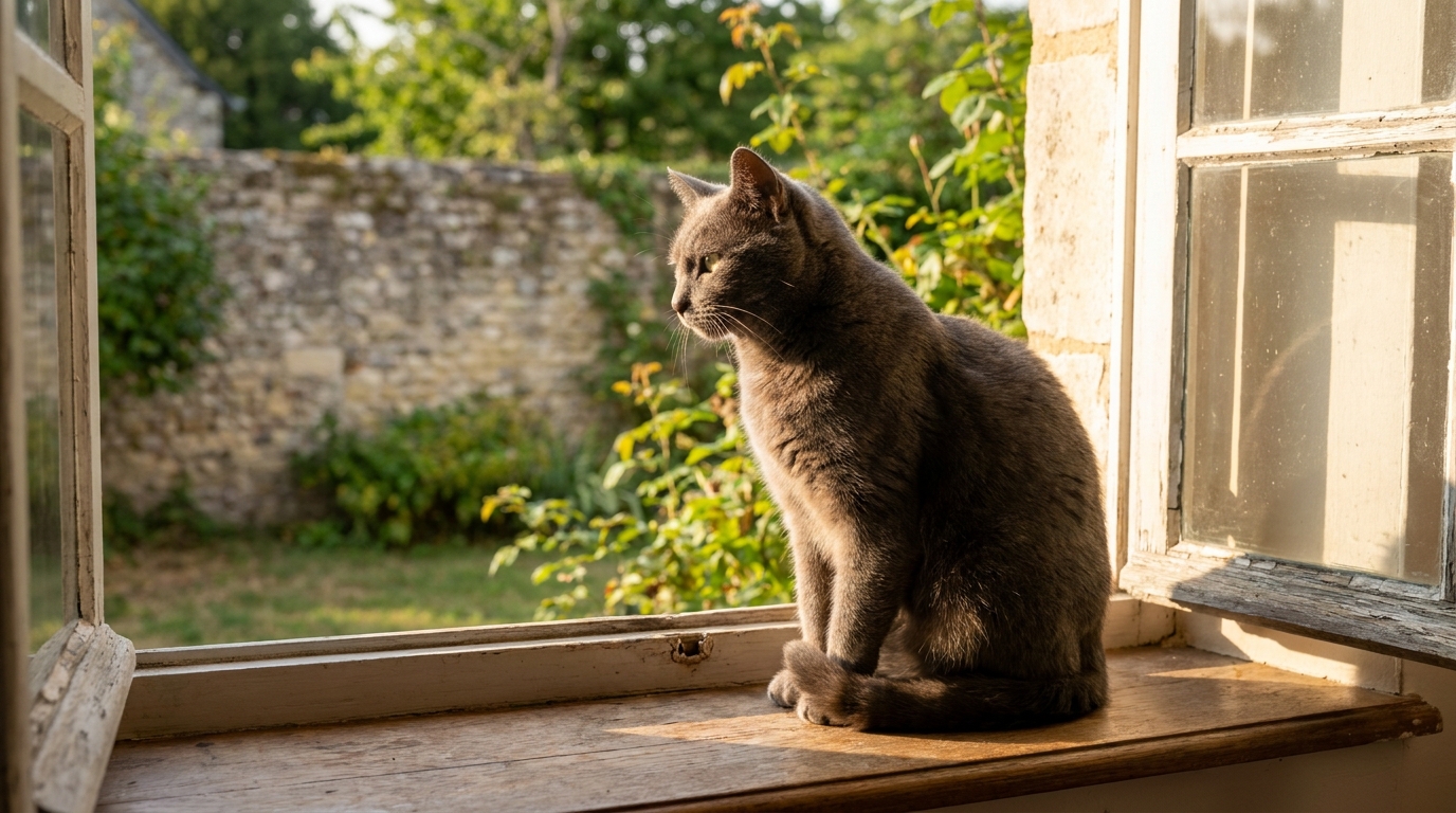 Un chat gris au regard doux, assis sur un rebord de fenêtre, symbolisant l'attente et l'espoir des retrouvailles d'un animal perdu.
