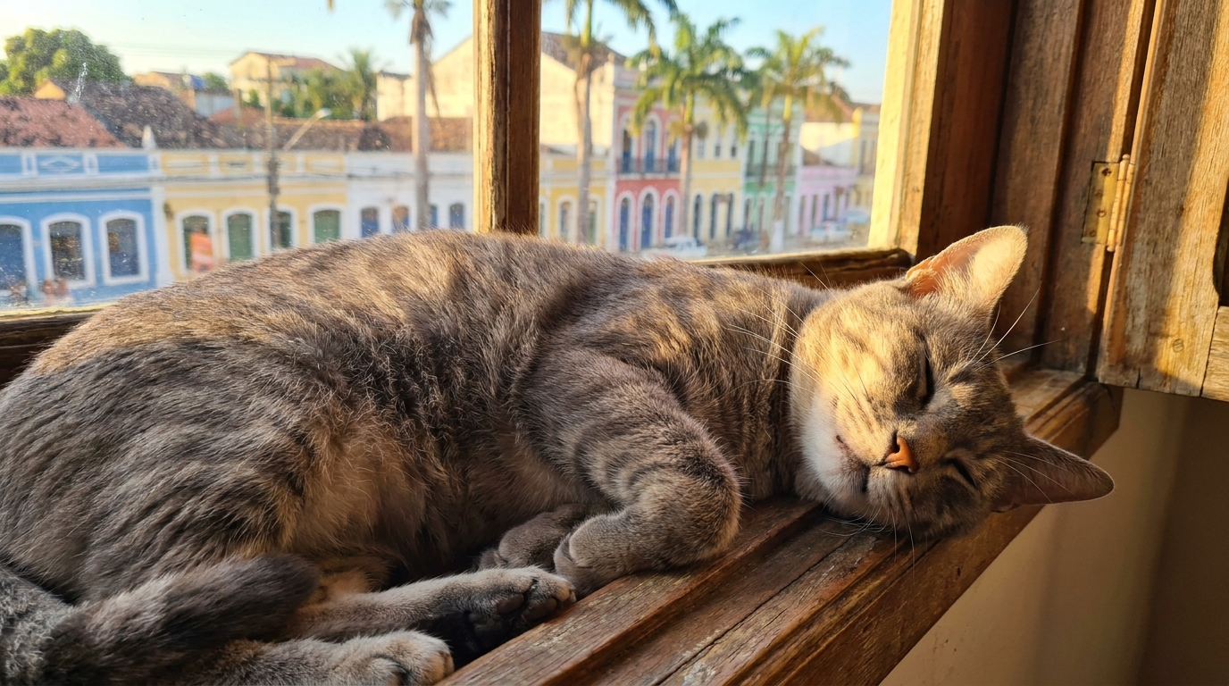 Un magnifique chat gris tigré, en pleine santé, se prélassant au soleil, symbole de sa transformation après avoir été sauvé de la rue.