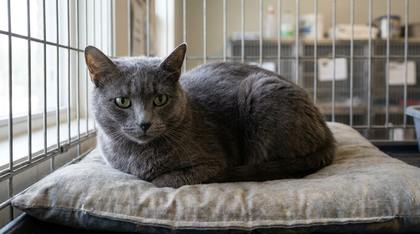 Un magnifique chat gris au regard triste est couché dans son panier au refuge, attendant une nouvelle famille aimante.