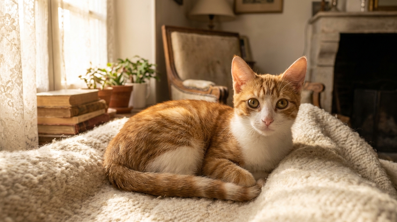 Le chat Guilly, un tabby roux et blanc, se repose sur une couverture après avoir eu sa patte avant amputée à cause d'un piège à mâchoire.