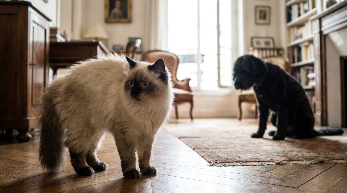 Un chat de race himalayenne, le poil hérissé et le dos arqué, feule en direction d'un chien noir qui le regarde avec confusion.